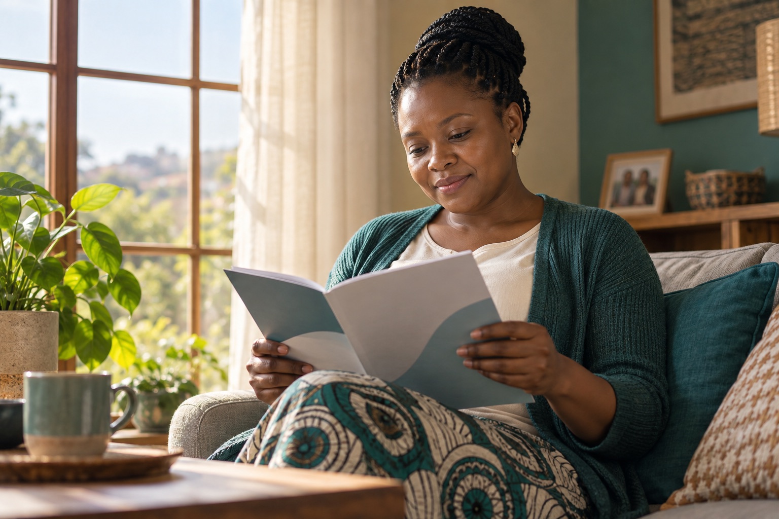 A woman reading health information at home.